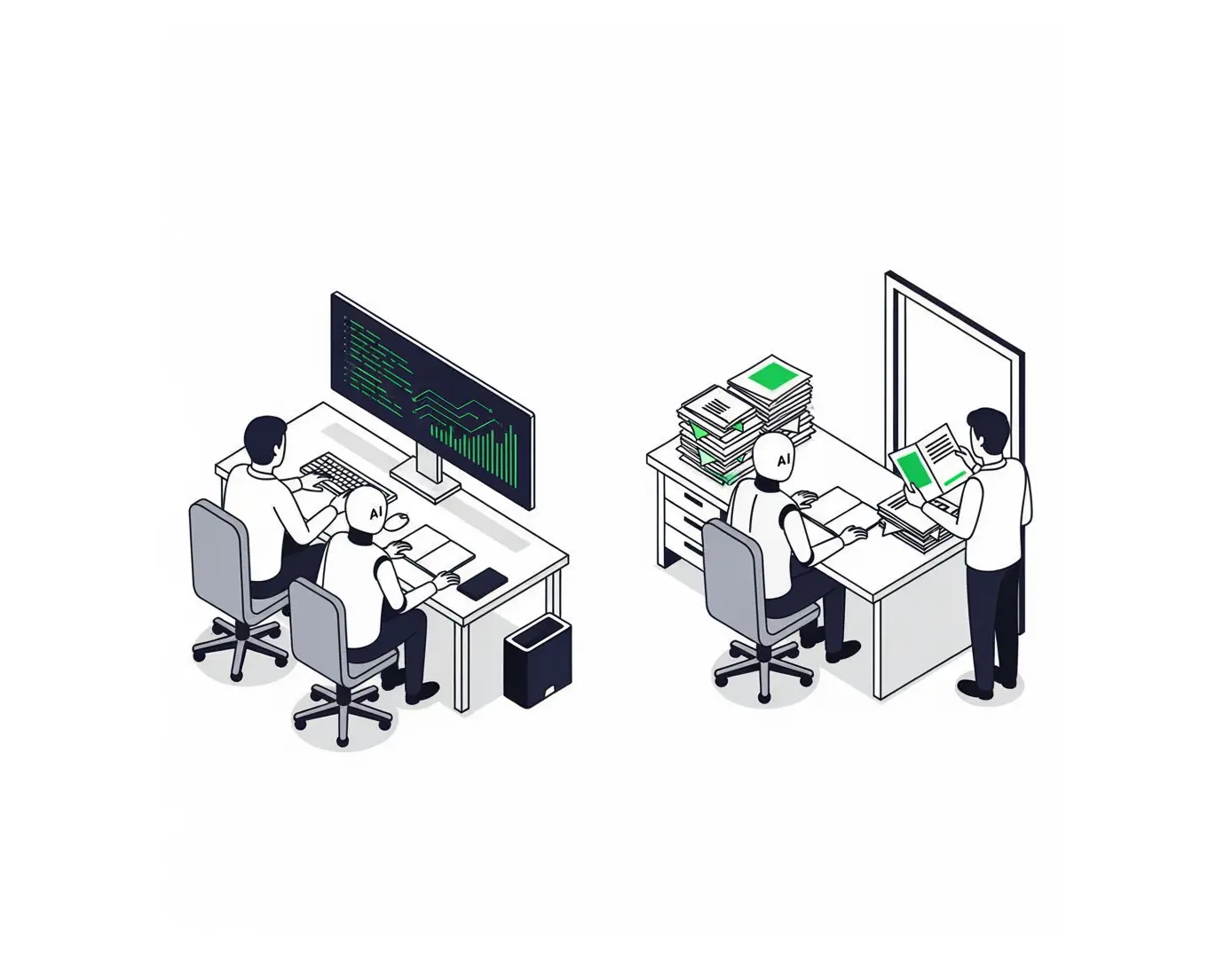 Team collaborating around a workflow representing AI agents, copilots, and multi-agent operating patterns